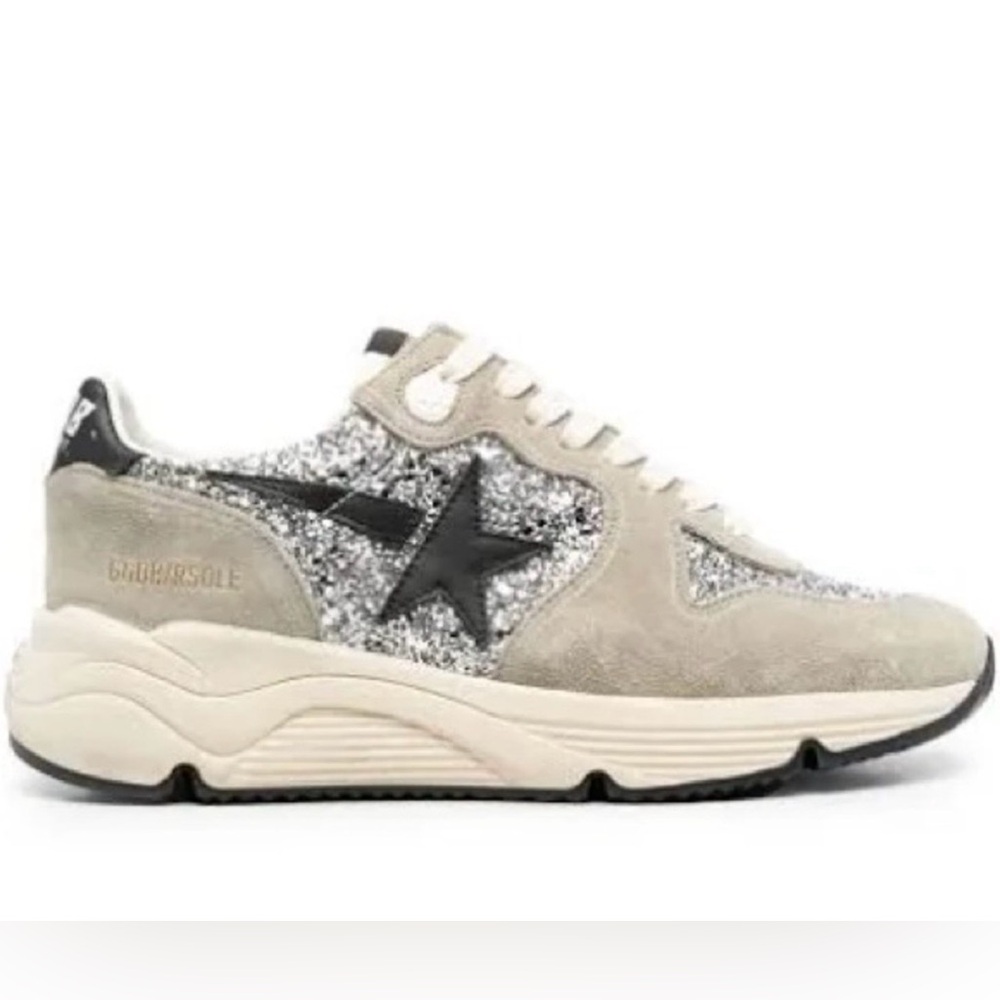 Golden Goose Running Sole taupe suede and silver glitter